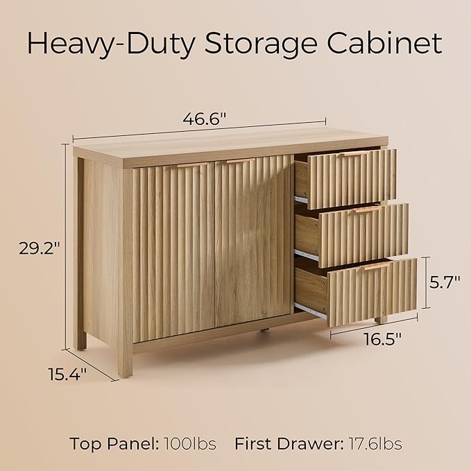 OAKHAM HOME Fluted Sideboard Cabinet 46.6'' Buffet Cabinet with 2 Doors and 3 Drawers Modern Storage Credenza with Adjustable Shelves for Living Room, Entryway or Kitchen, Golden Oak