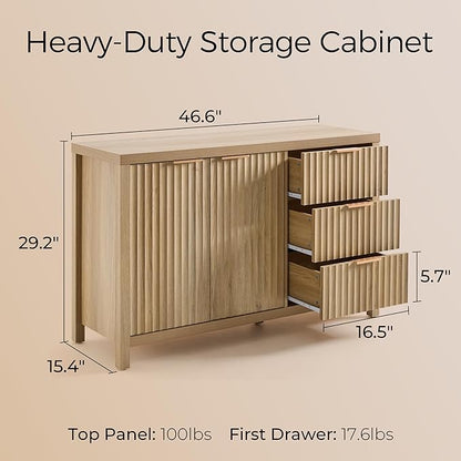 OAKHAM HOME Fluted Sideboard Cabinet 46.6'' Buffet Cabinet with 2 Doors and 3 Drawers Modern Storage Credenza with Adjustable Shelves for Living Room, Entryway or Kitchen, Golden Oak