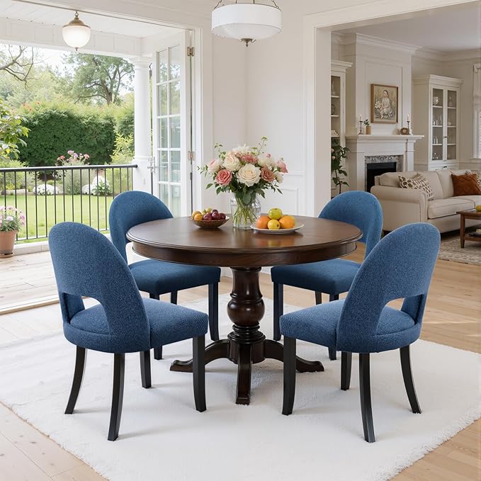 Upholstered Dining Chairs Set of 4, Mid Century Modern Kitchen Chairs with Solid Wood Legs & Linen Fabric Backrest for Dining Room and Farmhouse, Blue