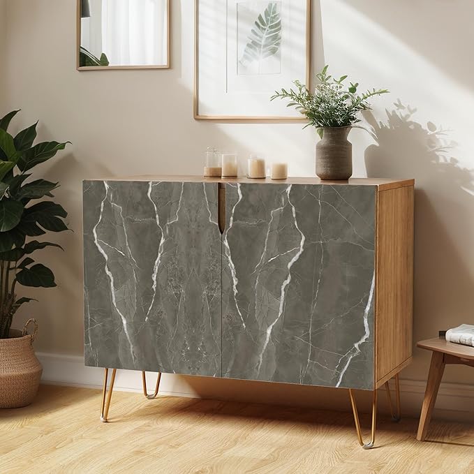 SIGNWIN Sideboard Buffet Cabinet, Kitchen Storage Cabinet with 2 Doors, Dark Gray Stonewash Marble Pattern, Cupboard Console Table for Dining Room - 35" L x 18" W x 29" H