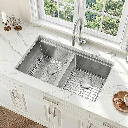 32 Inch Sink Undermount Double Bowl, 16 Gauge 50/50 Double Bowl Stainless Steel Workstation Sink, 32"x18"x10" Large and Deep Kitchen Sink With Accessories