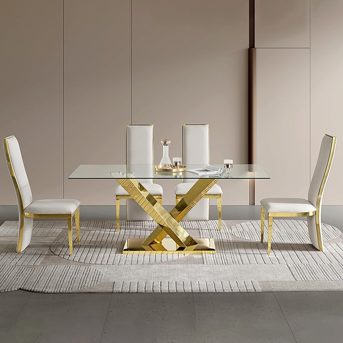70" Rectangle Glass Dining Table for 6, Modern Luxury Kitchen Table with Clear Tempered Glass Top & X-Shape Gold Stainless Steel Mirrored Base
