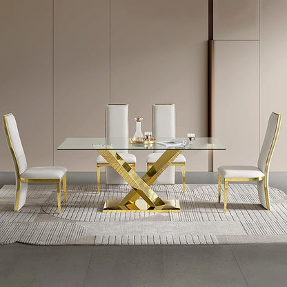 70" Rectangle Glass Dining Table for 6, Modern Luxury Kitchen Table with Clear Tempered Glass Top & X-Shape Gold Stainless Steel Mirrored Base