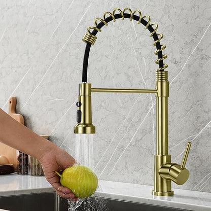 TIORIY Kitchen Faucet Head with 15 Adapters, High Pressure 3 Functions Pull Down Kitchen Spray Head Replacement, Pull Out Kitchen Sink Sprayer Nozzle, Brushed Gold, ABS