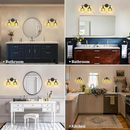 Shenmoyl Bathroom Light Fixtures, 2-Light Black Vanity wall Light Over Mirror with Green Tulip Glass Shade for Bedroom Living Room (Bulb Not Included)