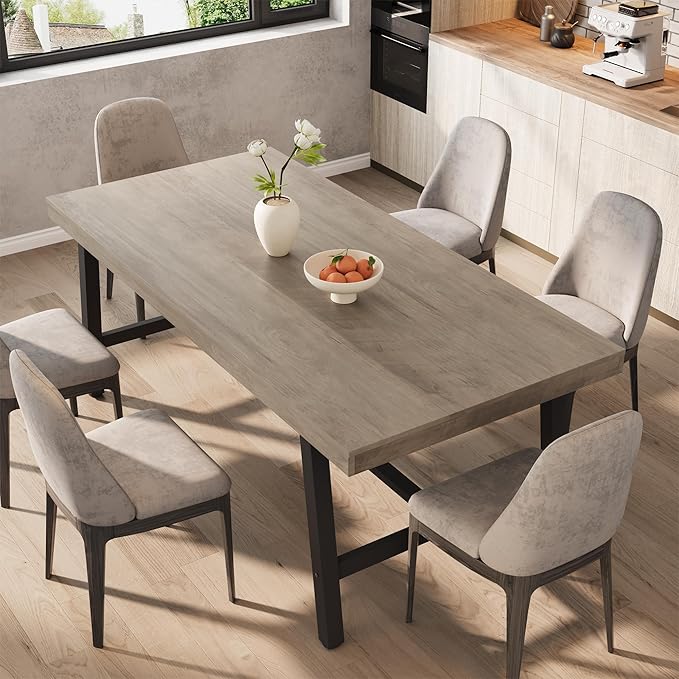 GarveeHome 70.87 in Industrial Dining Table for 6-8 People, Long Rectangular Table for Dining Room & Kitchen, Heavy Duty Metal Frame, Rustic Grey, Multipurpose Dining & Work Table