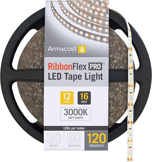 Armacost Lighting RibbonFlex Pro 12V White LED Strip Lights 120 LED/m, 3000K, 16.4 ft 143230