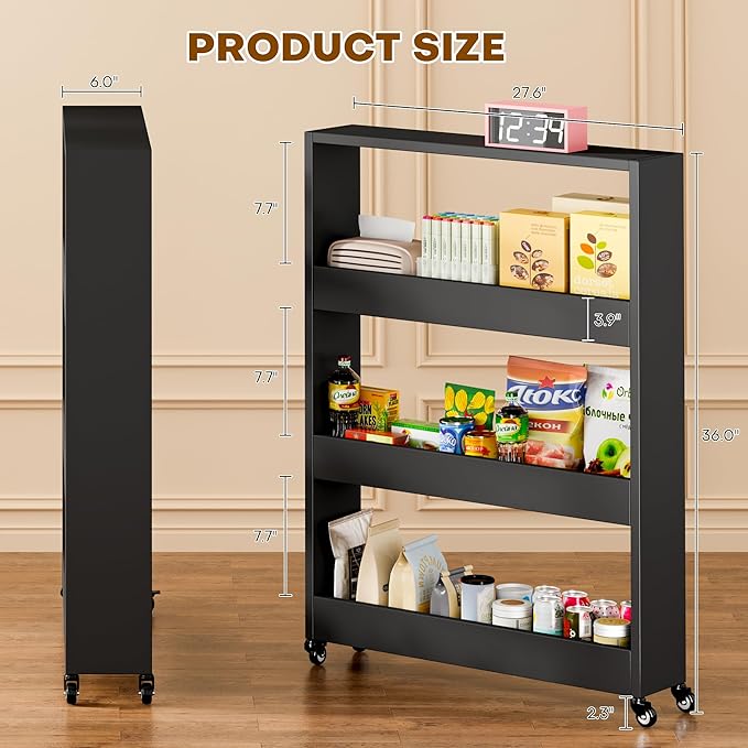 Slim Storage Cart, Lightweight 4 Tier Metal Rolling Utility Kitchen Cart on Wheels, Mobile Storage Shelving Unit Organizer for Bathroom Laundry Office Narrow Places (4 Tier-Black, 6" D)