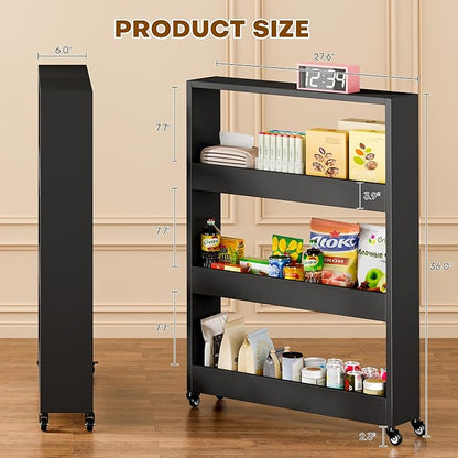 Slim Storage Cart, Lightweight 4 Tier Metal Rolling Utility Kitchen Cart on Wheels, Mobile Storage Shelving Unit Organizer for Bathroom Laundry Office Narrow Places (4 Tier-Black, 6" D)