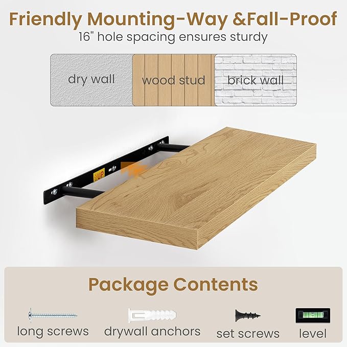 36"W x 9.3"D Floating Shelves for Wall, Wall Mounted Bathroom Shelves 2 Pack Deep Floating Shelf for Bedroom Kitchen Living Room, Rustic Wooden Wall Shelf with Invisible Bracket for Books Decor