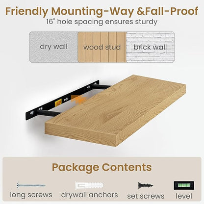 36 Inch Long Floating Shelves for Wall, 9.3 Inch Deep Floating Shelf with Heavy-Duty Bracket, 2 Pack Long Shelves for Bathroom, Living Room, Bedroom, Wall Mounted Storage Shelf for Books Decor, Oak