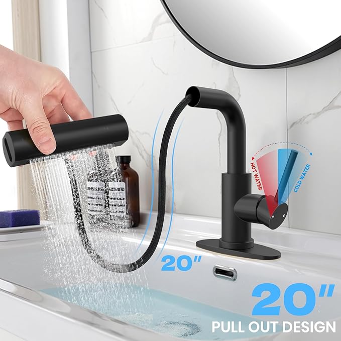 Matte Black Bathroom Sink Faucet with Pull Down Sprayer - 4 Mode Single Handle Vanity Faucet Waterfall Bathroom Faucet with Pull Down Sprayer (No Drain)