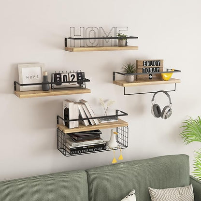 Wood Floating Shelves Wall Mounted - 4+1 Tier Rustic Bathroom Wall Shelves Over Toilet with Wire Storage Basket and Towel Bar, Set of 4 Farmhouse Floating Shelf for Bathroom, Kitchen, Bedroom.