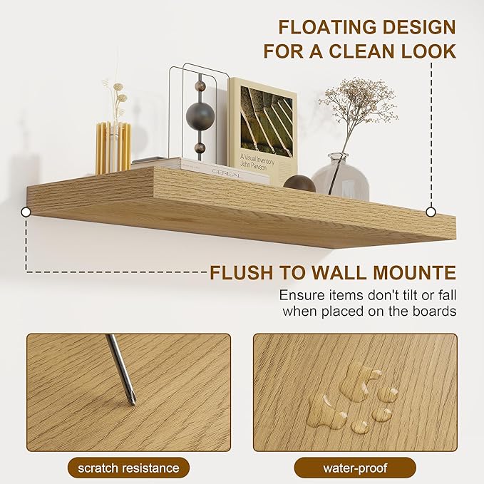 Fun Memories 72 Inch Floating Shelves for Wall, 8 Inch Deep Floating Shelf, Large Shelves with Invisible Bracket for Books|Storage, Rustic Wood Wall Shelf for Bedroom, Kitchen, Living Room, Oak