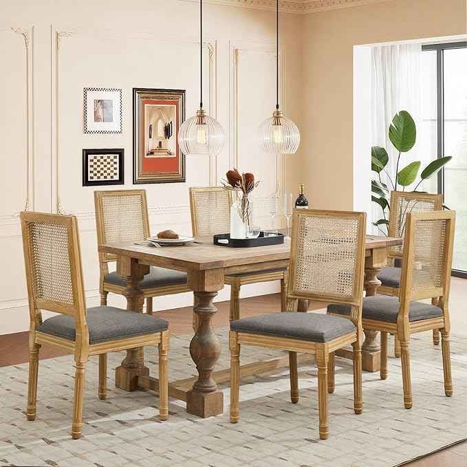 SoarFlash French Dining Chairs Set of 2, Vintage Dining Chairs with Rattan Backrest, Wooden Framehouse Chairs for Living Room, Kitchen, Restaurant, Grey