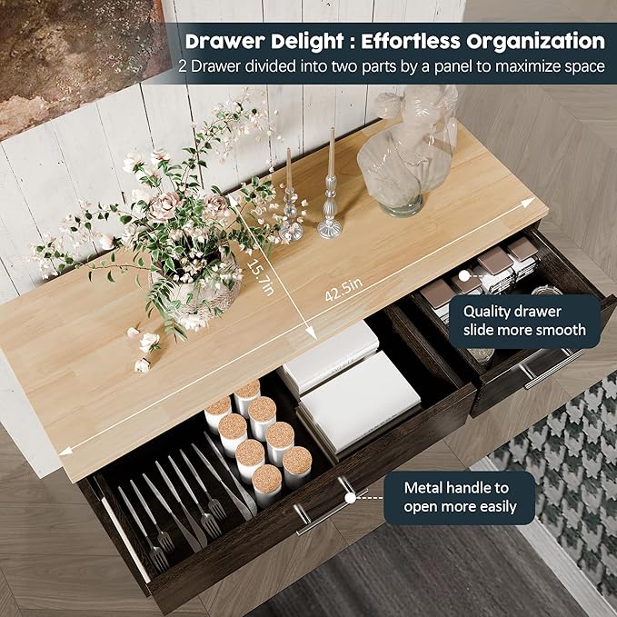 Buffet Cabinet with Drawers, Wooden Storage with 3 Doors and 2 Drawers, Adjustable Shelf, Modern Farmhouse Coffee Bar Cabinet with Storage for Kitchen/Laundry/Living Room, Brown