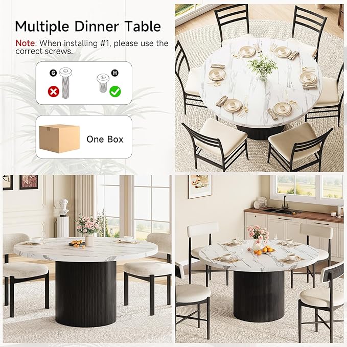 Round Kitchen Dining Table for 4-6 People, 47 inch Mid-Century Circle Dinner Tables, Rustic Wood Base in Fluted Design, Space Saving Dining Room Furniture, Large Table Only for Family Party, Marble