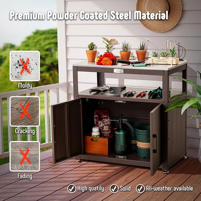 Feasto Garden Potting Bench with Storage, Outdoor Potting Table & Garden Work Bench for Plants, Horticulture, Outdoor Potting Station with Stainless Steel Tabletop, Outdoor Work Table