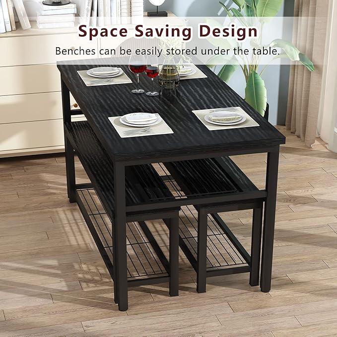 AWQM 43.3" Dining Table Set for 4, Kitchen Dining Table with 2 Benches, Dining Room Table Set with Metal Frame & Storage Rack for Kitchen, Restaurant, Black