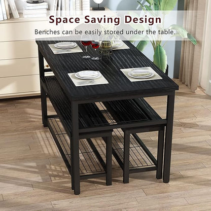 AWQM 43.3" Dining Table Set for 4, Kitchen Dining Table with 2 Benches, Dining Room Table Set with Metal Frame & Storage Rack for Kitchen, Restaurant, Black