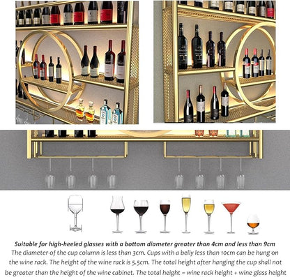 Metal Wine Rack Wall Mounted with LED Light, 3-Tier Bar Liquor Shelf with Wine Glass Holder, Modern Large Capacity Liquor Bottle Display Storage Shelf for Home Bar, Dining Room(Gold, 120 * 80 * 15)