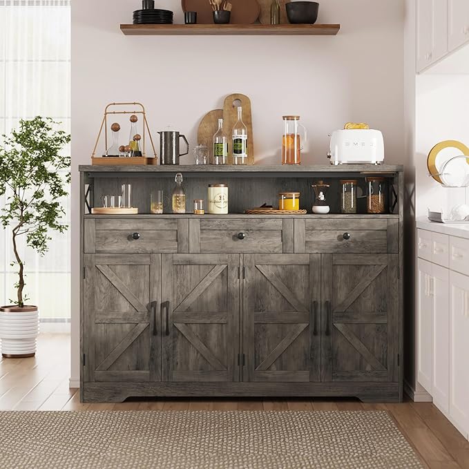FiveWillowise 51" Farmhouse Buffet Sideboard with Storage, Kitchen Pantry Cabinet with Storage Drawers, Wood Cupboard Hutch, Coffee Bar Station Table for Kitchen, Living Room, Dining Room, Grey