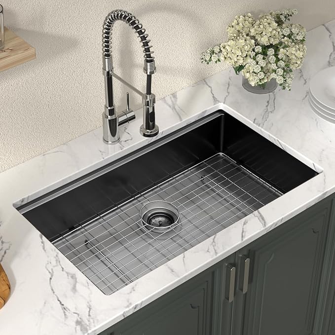 Lordear 33 Inch Black Undermount Kitchen Sink Workstation 16 Gauge Stainless Steel Single Bowl with Built-in Accessories, 33x19x9 Inch Gunmetal Black Nano-pvd