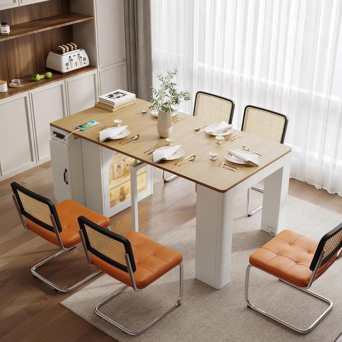 Extendable Dining Table with Storage and Charging Station, Rolling Kitchen Island with LED Lights and USB, 3-Leaf Expandable Drop Leaf Table with Wheels for Small Space, Modern Buffet Server