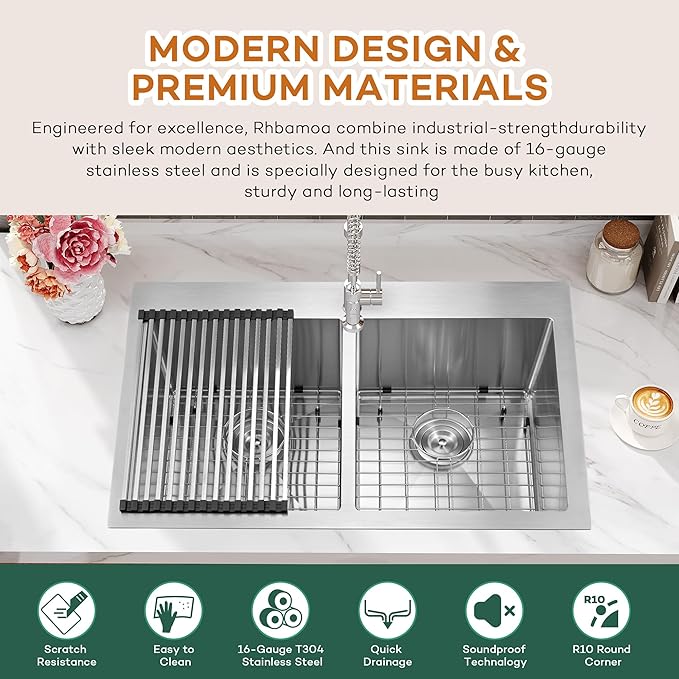 Rhbamoa Double Bowl Drop In Kitchen Sink 33x22,16-Gauge T304 Stainless Steel Topmount Kitchen Sink,50/50 Double Bowl Kitchen Sinks,Deep Sinks with All Accessories, Brushed Finish