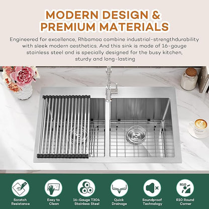 Rhbamoa Double Bowl Drop In Kitchen Sink 33x22,16-Gauge T304 Stainless Steel Topmount Kitchen Sink,50/50 Double Bowl Kitchen Sinks,Deep Sinks with All Accessories, Brushed Finish