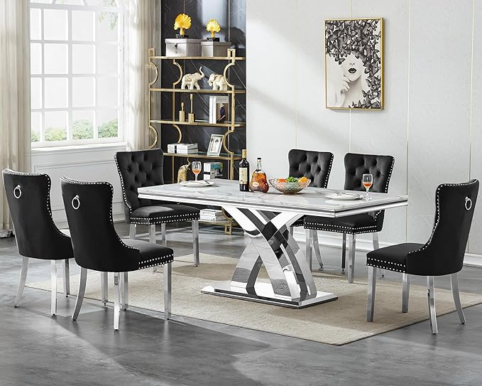 Modern Marble Dining Table for 4-6,White Dining Room Table with Silver X Stainless Steel Base,68" Rectangle Faux Marble Kitchen Table for 4-6 People,Luxury Dining Table for Living Room Home Office