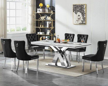 Modern Marble Dining Table for 4-6,White Dining Room Table with Silver X Stainless Steel Base,68" Rectangle Faux Marble Kitchen Table for 4-6 People,Luxury Dining Table for Living Room Home Office