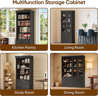 ivaniti 71" Tall Farmhouse Kitchen Pantry, Large Storage Cabinet with Adjustable Shelves, 3 Drawer, Wood Versatile Hutch Cabinet for Dining Room, Living Room, Black 4 PCS
