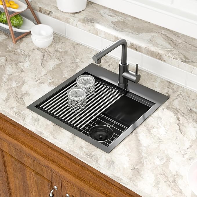 Mocoloo 18 Inch Drop-in Kitchen Sink with Faucet, Black Stainless Steel Bar Sink - 18x18x9 Inch Small Topmount Single Bowl Workstation with Pull-Out Faucet