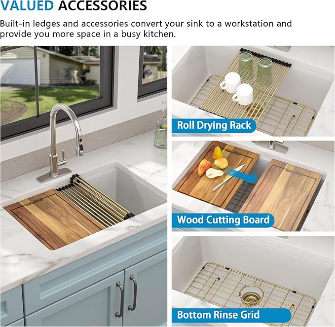 28 Granite Composite Kitchen Sink - Fulorni 28"x19" Granite Kitchen Sink White Undermount Ledge Workstation Quartz Classic Luxury Under Counter Single Bowl Sink Basin
