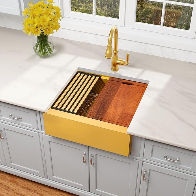 26-Inch Farmhouse Kitchen Sink, 16 Gauge Stainless Steel Farm Sink, Undermount Single Bowl, Brushed Finish, Deep Basin, Workstation Design with Accessories(Gold, 26" x 22" x 10")