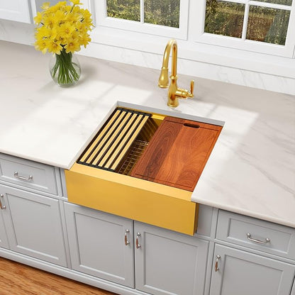 26-Inch Farmhouse Kitchen Sink, 16 Gauge Stainless Steel Farm Sink, Undermount Single Bowl, Brushed Finish, Deep Basin, Workstation Design with Accessories(Gold, 26" x 22" x 10")