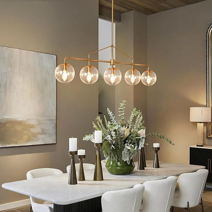 Modern Linear Chandelier Gold 5 Light Dining Room Linear Chandelier with Seeded Glass Globe 39 Inch Kitchen Island Pendant Light Electroplated Copper Finish for Farmhouse Living Room