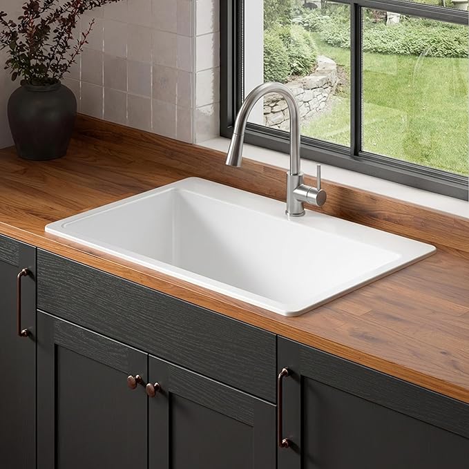 Sinkology Jackson 33 Inch White Fireclay Drop-In Kitchen Sink, Single Bowl, 1 Faucet Hole, Fits 36 Inch Cabinet, Surefire Finish
