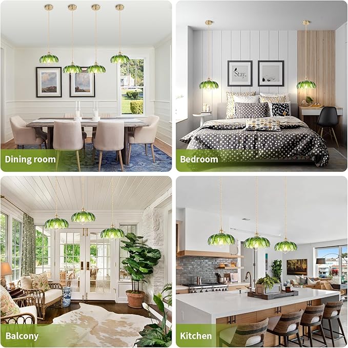 Vintage Pendant Light Green Mid Century Modern Pendant Light with Hand Blown Glass Shade Nordic Style 10" Gold1-Light Farmhouse Chandelier Ceiling Hanging Light fixtures for Dining Room Bedroom