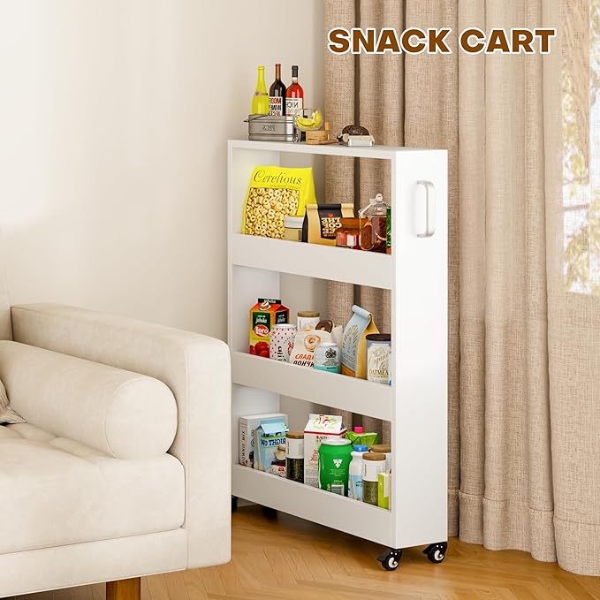 Slim Storage Cart, Lightweight 4 Tier Metal Rolling Utility Kitchen Cart on Wheels, Mobile Storage Shelving Unit Organizer for Bathroom Laundry Office Narrow Places (4 Tier-White, 6" D)