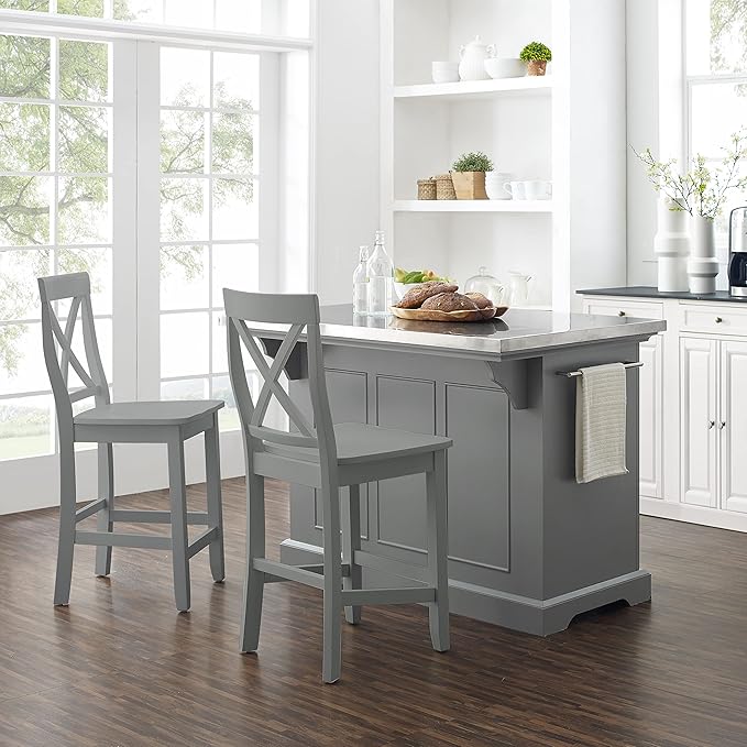 Crosley Furniture Julia Stainless Steel Top Island with Storage, Coffee Bar, and a Set of 2 X-Back Stools, Gray