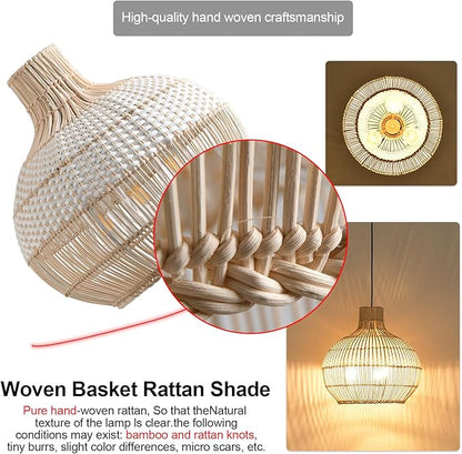 15" Rattan Pendant Light Fixture,3-Light Hand-Woven White Wicker Basket Chandelier Boho Faux Rattan Hanging Lamp,for Dining Living Bedroom Kitchen1-Pack