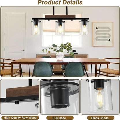 23.6'' Kitchen Island Light Fixtures, 3-Light Dining Room Light Fixture Chandelier Over Table, Black Modern Rustic Wood Ceiling Pendant Light Fixtures, with Clear Glass Shade, Farmhouse Chandelier