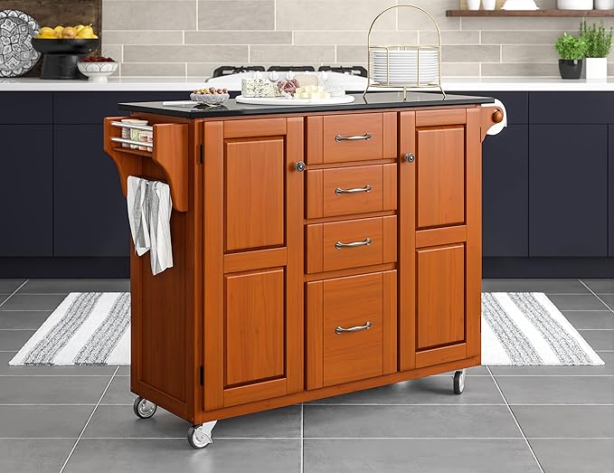 Home Styles Create-a-Cart Cottage Oak Kitchen Cart with Black Granite Top, with Solid Wood Construction, Adjustable Shelves, Towel Bar, Locking Casters, and Spice Rack