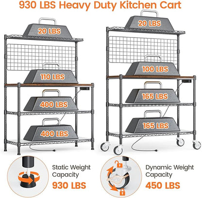 Leteuke Bakers Rack with Power Outlet & Storage, 36 Inch Microwave Stand Kitchen Cart, 4-Tier Metal Kitchen Shelves Cart with Wheels & 20 S-Hooks for Kitchen, NSF Certified, 63 x 18 x 36 Inch-Black
