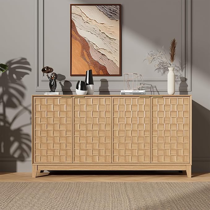 MALOL Sideboard Buffet Cabinet with Storage, Modern 4-Door Buffet Table with 3D Checkerboard Doors & Solid Wood Legs, Large Coffee Bar Cabinet for Dining Room, Living Room, Entryway, Neutral Wood