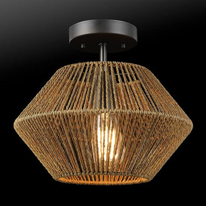 GLOBE Electric 65891 1-Light Flush Mount Ceiling Light, Matte Black, Natural Twine Shade