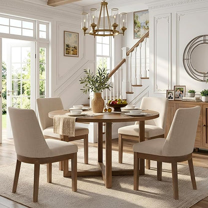 HNY Modern Dining Chairs Set of 6 with Comfortable Back Support, Farmhouse Soft Linen Upholstered Kitchen Dining Room Chairs with Solid Wood Legs, Armless Accent Side Chairs for Living Room, Beige