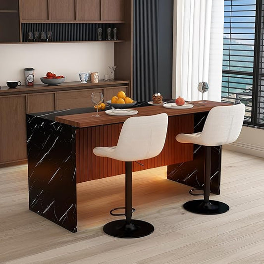 Runboll 63" Large Island Table Set with 2 Bar Stools, Modern Faux Marble Dining Table Set with Multi-Color LED Lights, Kitchen Island with Grille Design for Dining Room, Home, Office, Living Room